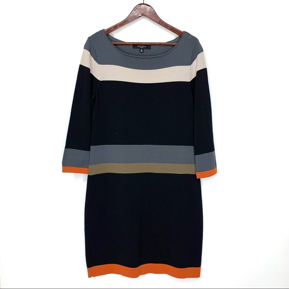 Nine West Fall Colors Wide Striped Color Block Woven Popover Boatneck Dress